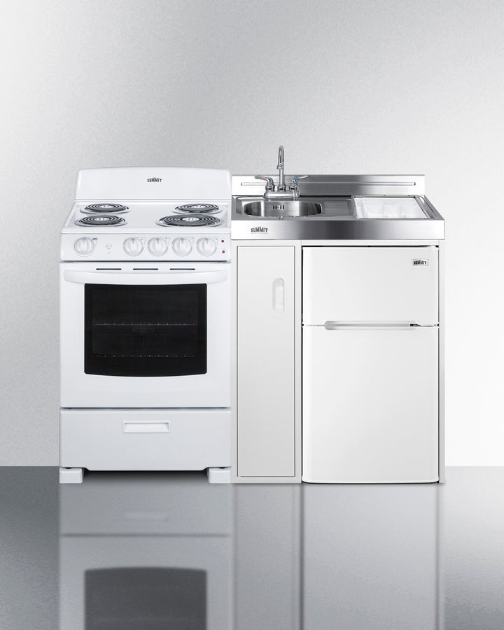 Summit ACK54COILW 54″ All-In-One Kitchenette – 4-Burner Electric Coil Range, 3.2 cu. ft. Refrigerator-Freezer, Sink & Faucet, Stainless Steel Countertop