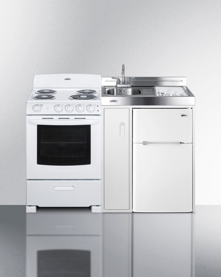 Summit ACK54COILW 54″ All-In-One Kitchenette – 4-Burner Electric Coil Range, 3.2 cu. ft. Refrigerator-Freezer, Sink & Faucet, Stainless Steel Countertop