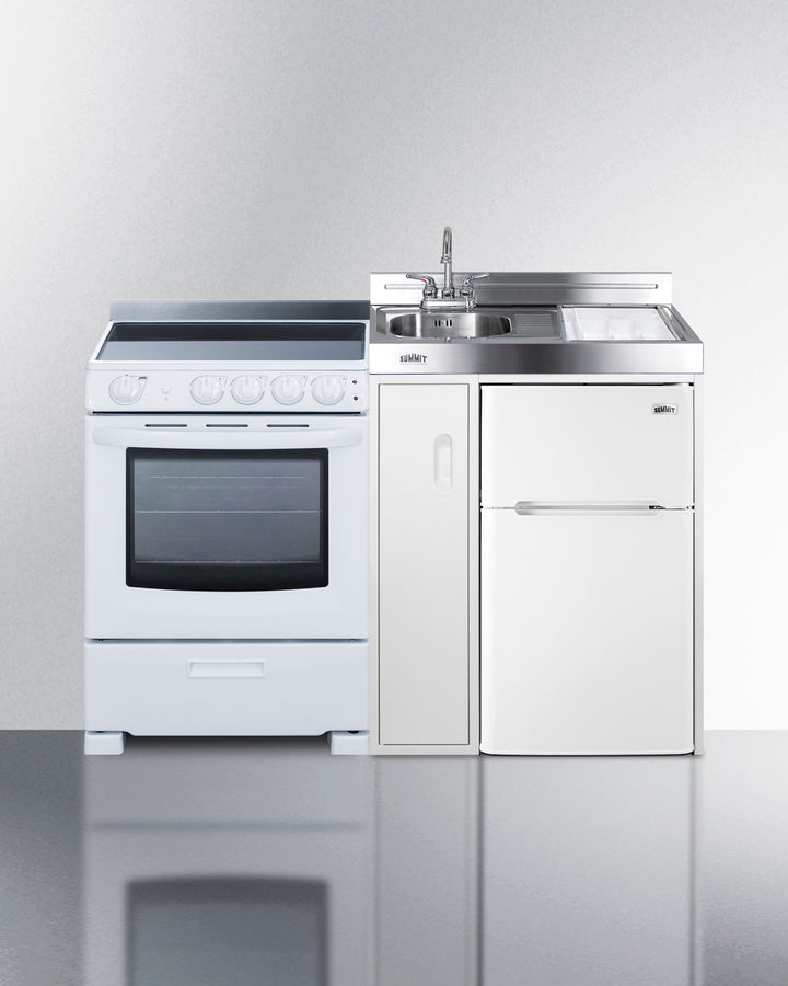 Summit ACK54ELSTW 54″ Wide All-In-One Kitchenette – Electric Smooth-Top Range, 3.2 cu. ft. Fridge-Freezer, Sink & Faucet, White Cabinet