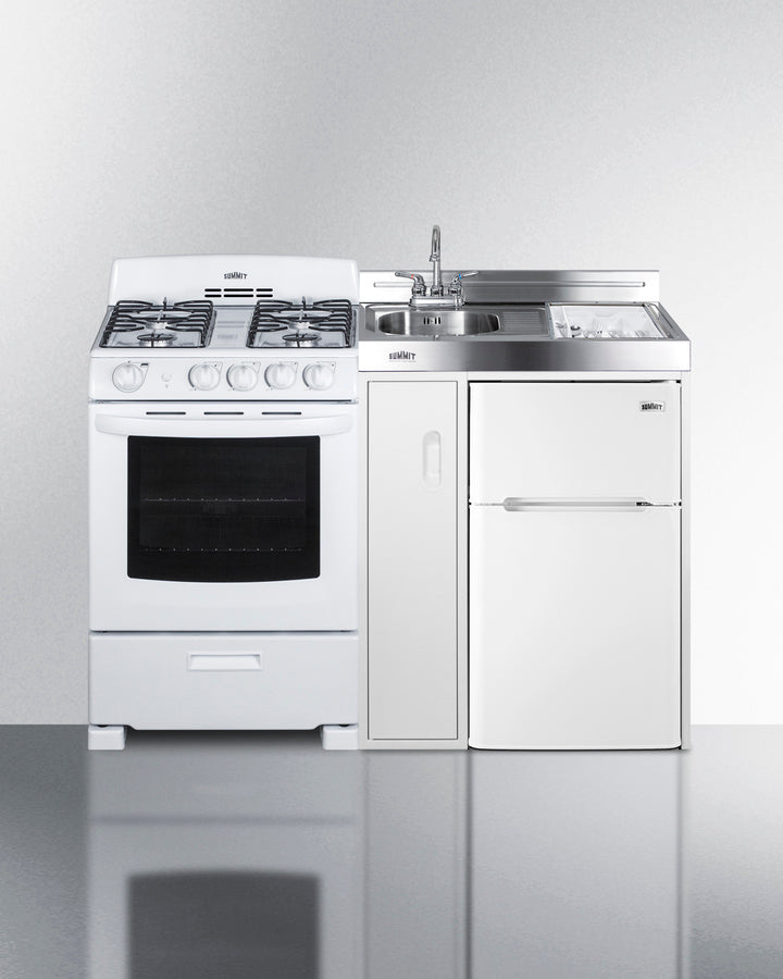 Summit ACK54GASW 54″ Wide All-In-One Kitchenette – Gas Range, Refrigerator-Freezer, Sink & Storage, White Finish