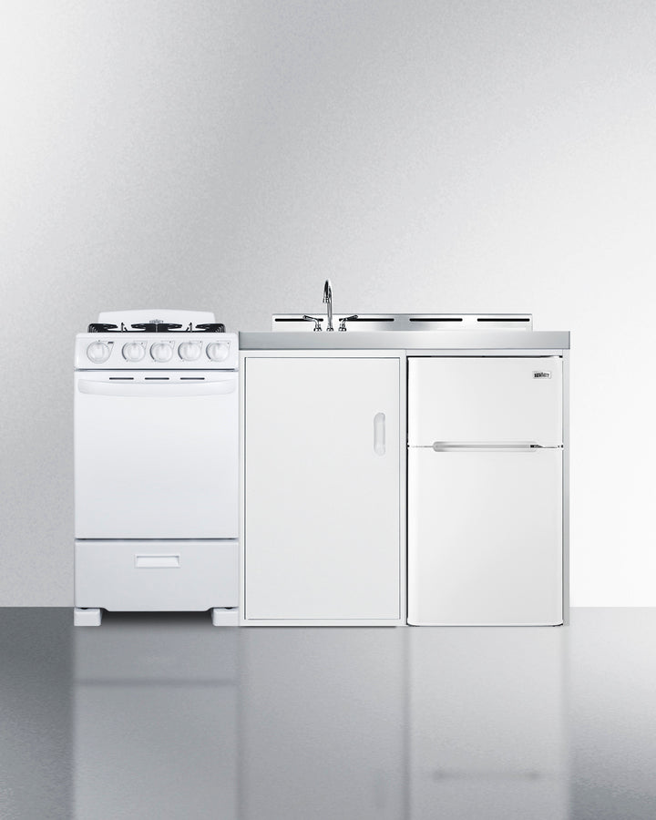 Summit ACK60GASW 60″ Wide All-In-One Kitchenette – 4-Burner Gas Range, Refrigerator-Freezer, Sink & Storage (White)