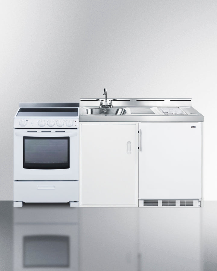 Summit ACK72ELSTW 72″ Wide All-In-One Kitchenette – Electric 4-Burner Range, 5.1 cu.ft. Refrigerator-Freezer, Sink & Storage (White)