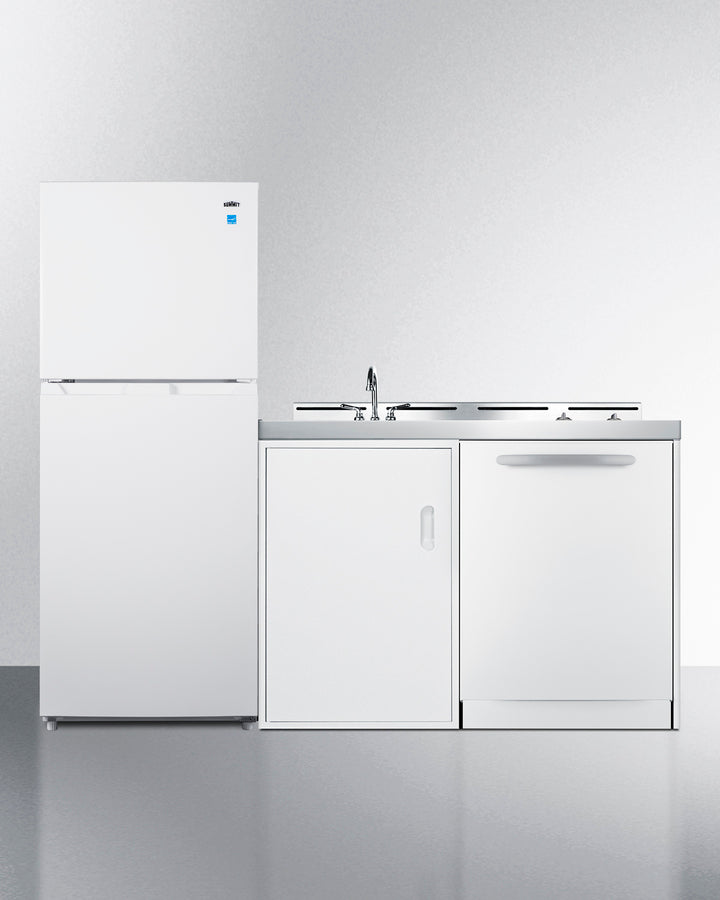 Summit ACKDW721G 71″–72″ Wide All-In-One Kitchenette – Full Refrigerator-Freezer, Dishwasher, 2-Burner Cooktop, Sink & Cabinet (White)