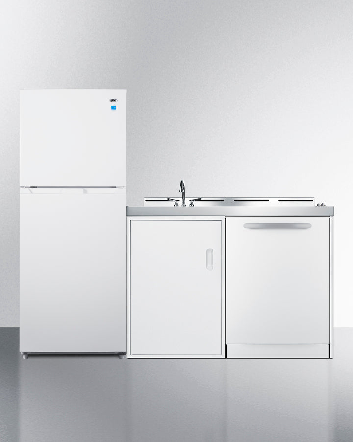 Summit ACKDW72 71″ Wide All-in-One Kitchenette – White Finish, Full-Size Refrigerator-Freezer, Dishwasher, 2-Burner Cooktop, Stainless Basin Sink