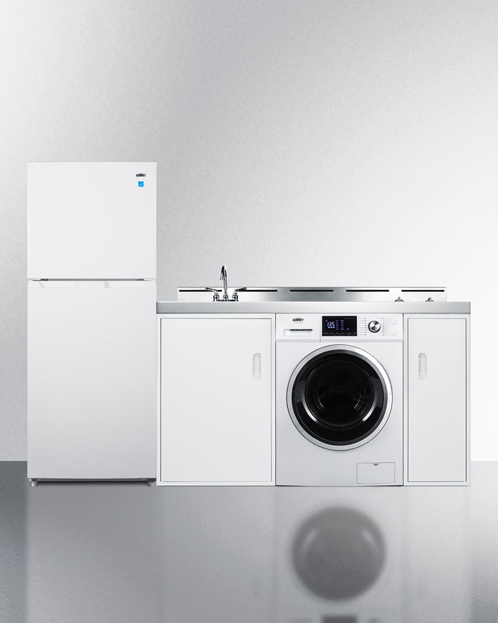 Summit ACKSPWD821G 83″ Wide All-In-One Kitchenette – Full-Size Refrigerator-Freezer, 2-Burner Cooktop, Washer/Dryer Combo, Sink & Storage (White)