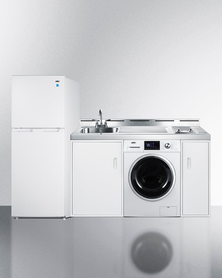 Summit ACKSPWD821G 83″ Wide All-In-One Kitchenette – Full-Size Refrigerator-Freezer, 2-Burner Cooktop, Washer/Dryer Combo, Sink & Storage (White)