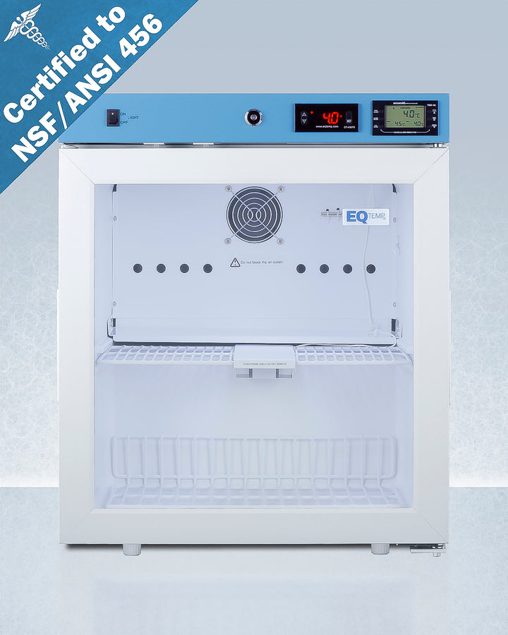 Summit ACR22G 19″ Wide Compact Medical Refrigerator – 1.94 cu ft Capacity, Glass Door, +2 °C to +8 °C Temperature Range – White/Blue Accents