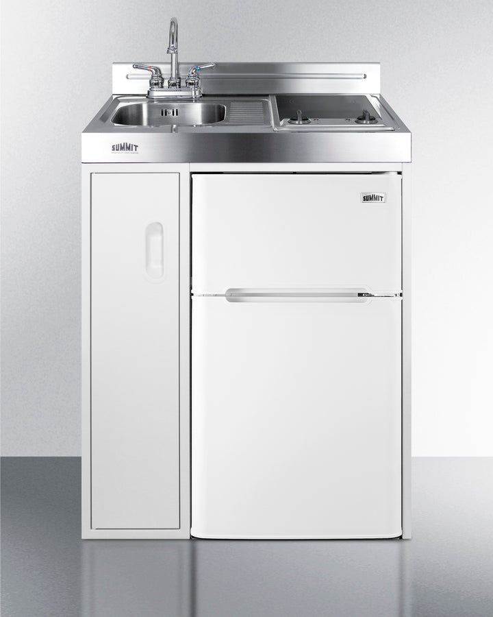 Summit C30ELGLASS 30″ Wide All-in-One Kitchenette – White Finish, Smooth-Top Glass Cooktop, Refrigerator/Freezer, Sink & Storage