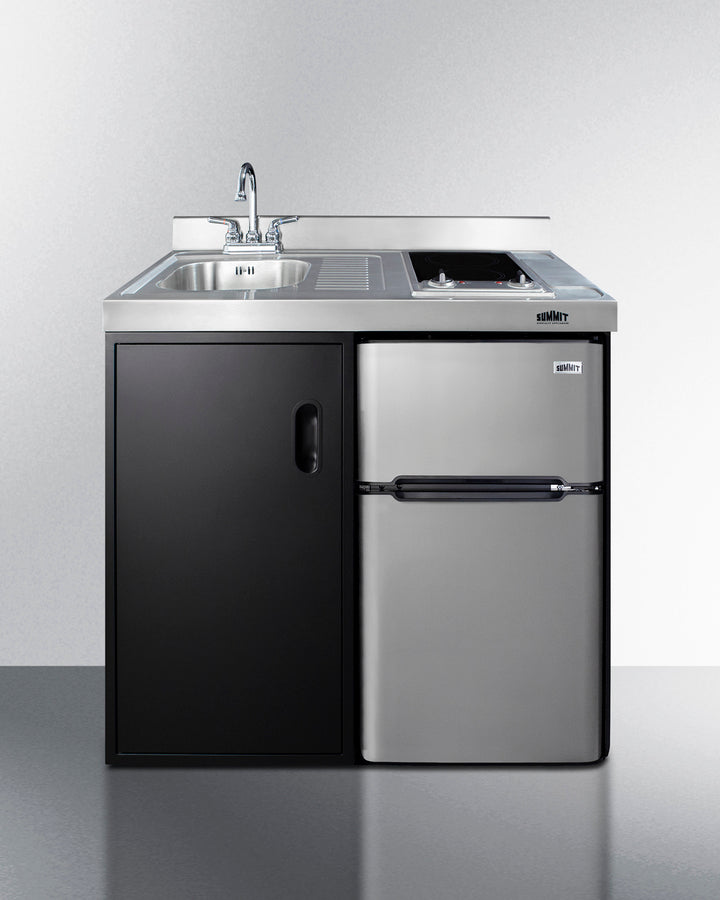 Summit C39ELGLASSBK 39″ Wide All-in-One Kitchenette – Black Cabinet with Stainless Steel Worktop