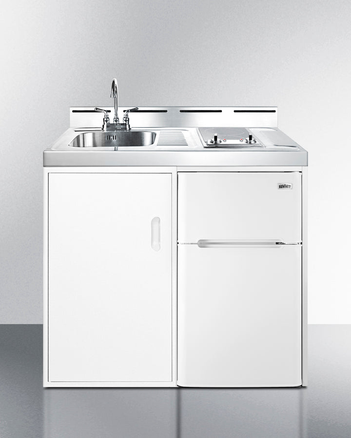 Summit C39ELGLASS 39″ Wide All-in-One Kitchenette – White Finish, Smooth-Top Glass Cooktop, Sink & 3.2 cu ft Refrigerator/Freezer