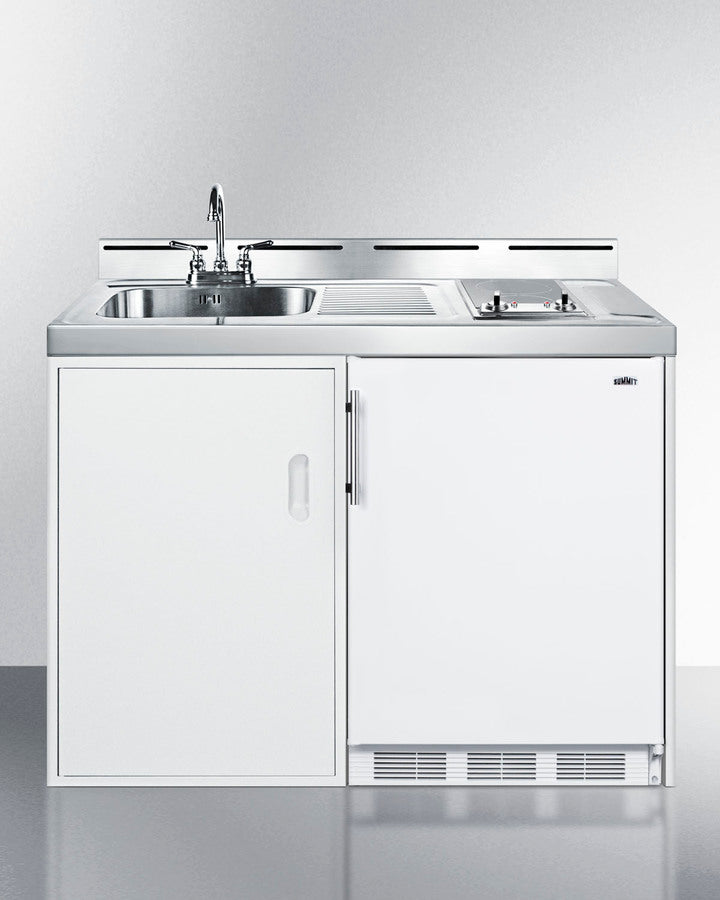 Summit C48ELGLASSPUMP 48″ Wide All-in-One Kitchenette with Pump Kit – 5.1 cu ft Refrigerator-Freezer, 2-Burner Glass-Top Cooktop, Sink & No-Plumbing Water System – White Cabinet