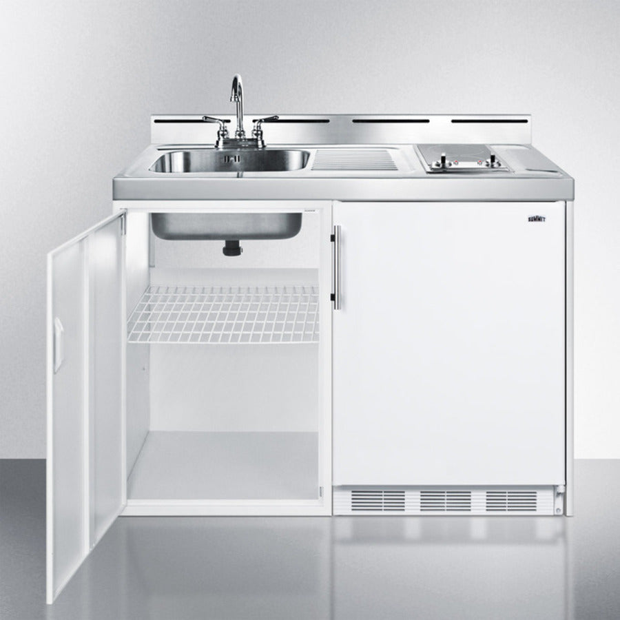 Summit C48ELGLASS 48″ Wide All-in-One Kitchenette – White Finish, Smooth-Top Glass Cooktop, Refrigerator-Freezer, Sink & Storage