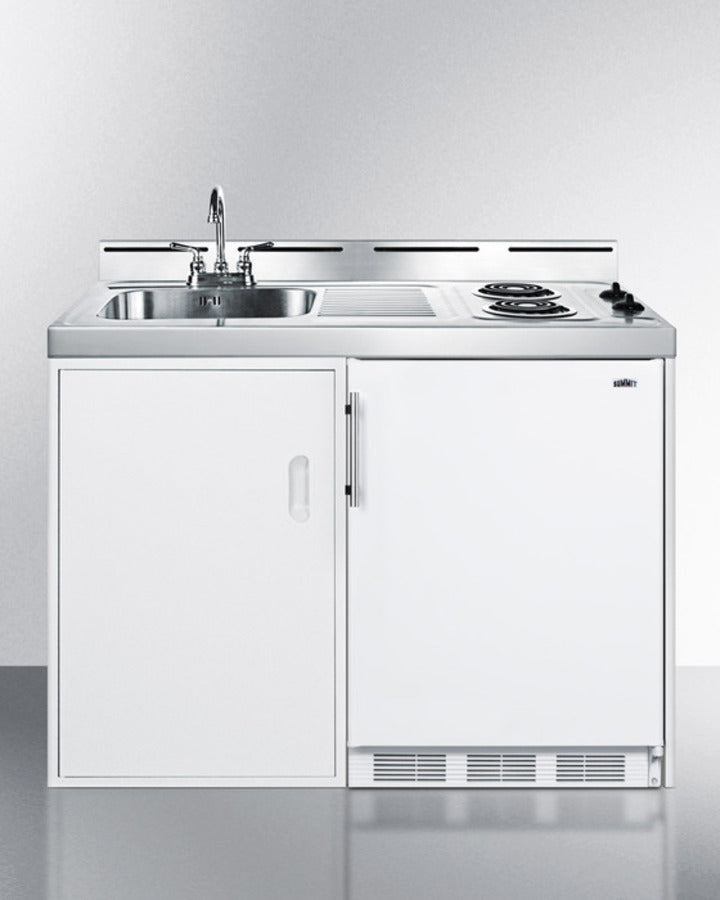 Summit C48EL 48″ Wide All-in-One Kitchenette – White Cabinet, 2-Burner Coil Cooktop, Refrigerator-Freezer & Sink