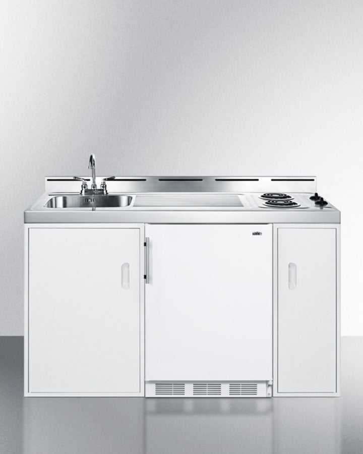 Summit C60EL 60″ Wide All-in-One Kitchenette – White Finish, 5.1 cu ft Refrigerator/Freezer + 2-Burner Coil Cooktop + Sink & Storage