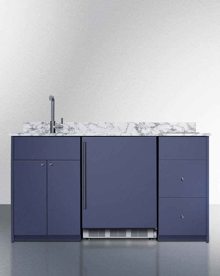 Summit CALDERAMN33ISINKL 62.5″ Wide Turn-key Caldera Kitchenette – Midnight Navy Finish, Left-Side Stainless-Steel Sink