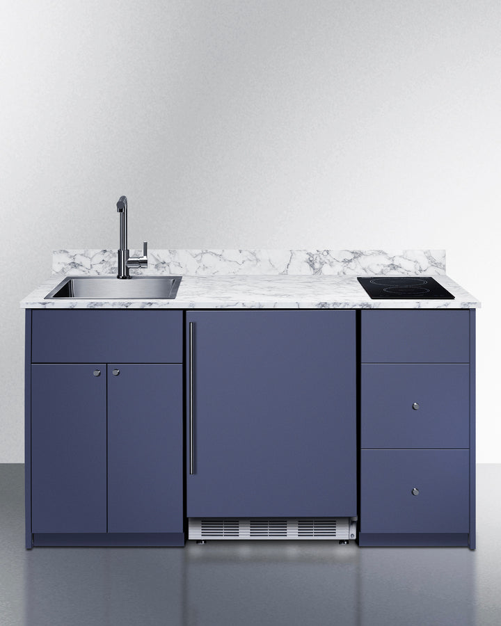Summit CALDERAMN33ISINKL 62.5″ Wide Turn-key Caldera Kitchenette – Midnight Navy Finish, Left-Side Stainless-Steel Sink