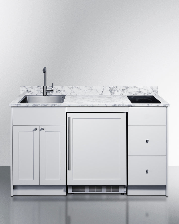 Summit CALDERAWH35ISINKL 62.5″ Wide Turn-key Caldera Kitchenette – White Finish, Fully-Assembled Cabinetry + Left-Side Stainless-Steel Sink
