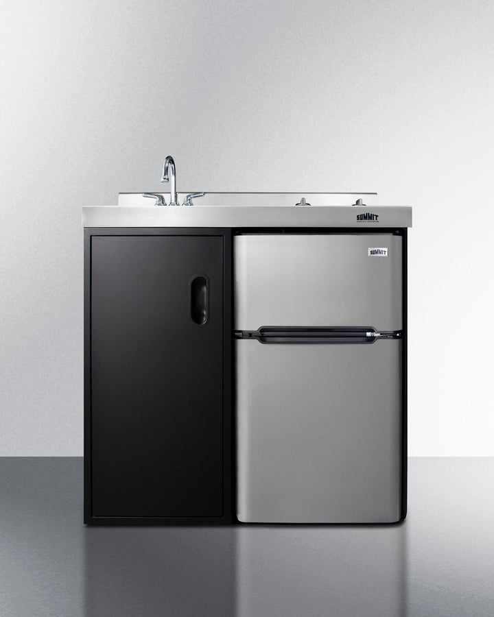 Summit CK36ELGLASS 36″ Wide All-In-One Kitchenette – Built-In 2-Door Refrigerator, 2-Burner Smooth-Top Cooktop & Sink (Black/Stainless Steel)