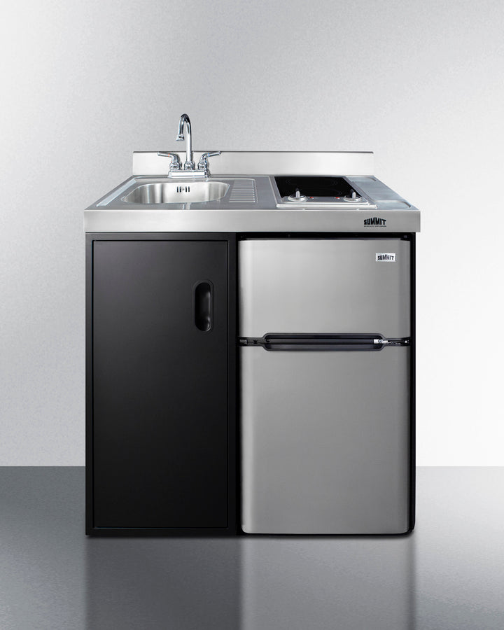 Summit CK36ELGLASS 36″ Wide All-In-One Kitchenette – Built-In 2-Door Refrigerator, 2-Burner Smooth-Top Cooktop & Sink (Black/Stainless Steel)