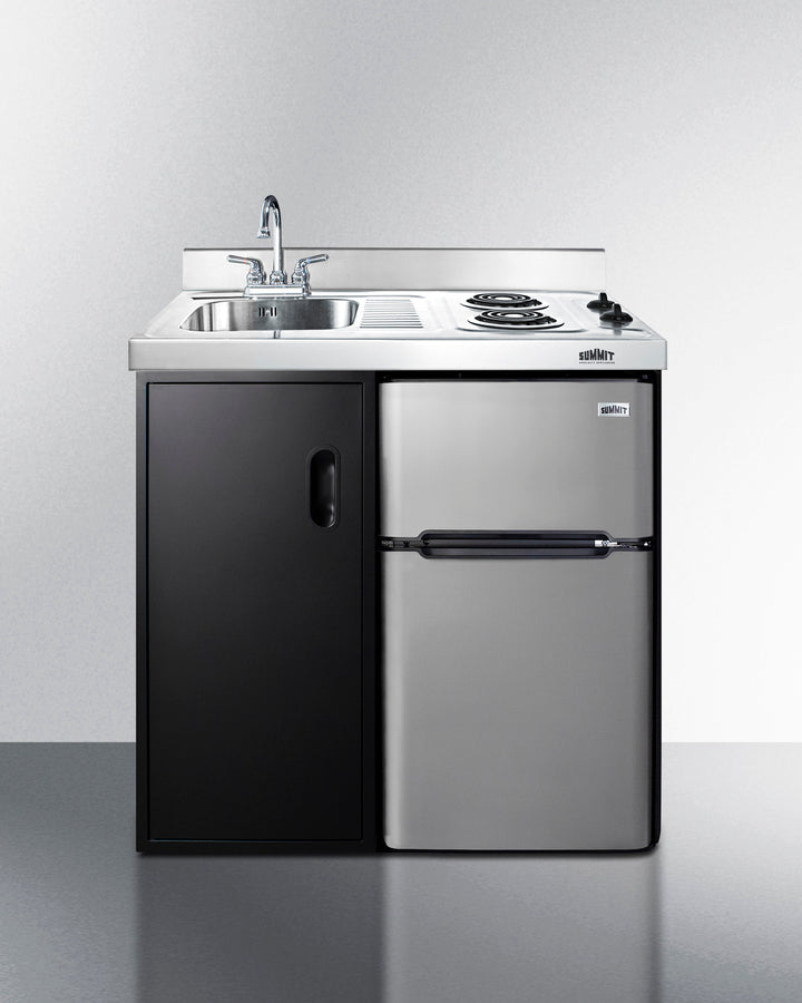 Summit CK36EL 36″ Wide All-In-One Kitchenette – 2-Burner Cooktop, Sink, 3.2 cu. ft. Refrigerator-Freezer, Black Cabinet