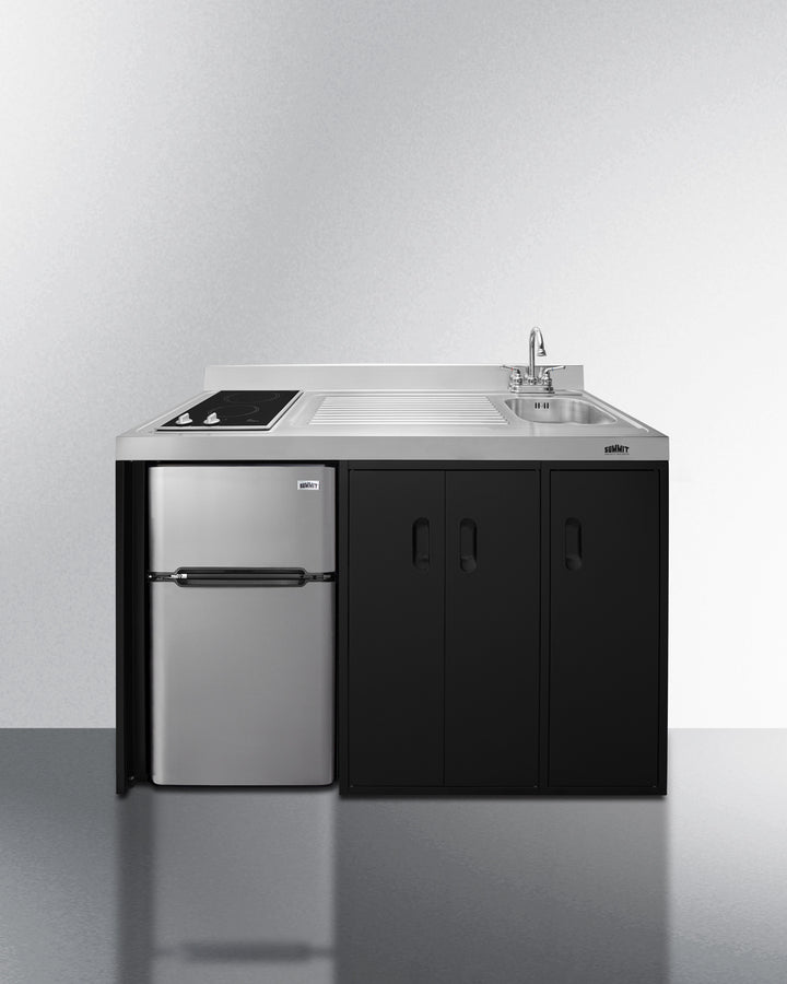Summit CK54SINKR 54″ Wide All-In-One Kitchenette – 2-Door Refrigerator-Freezer, 2-Burner Smooth-Top Cooktop & Right-Side Sink (Black/Stainless Steel)