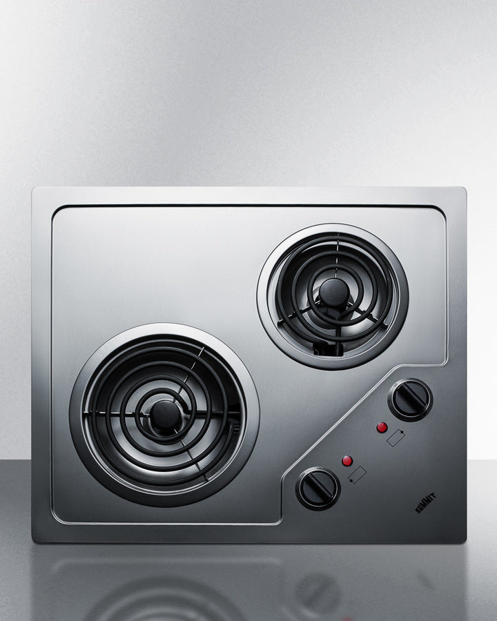 Summit CR2B224S 21.25″ Wide 2-Burner Electric Coil Cooktop – Stainless Steel Surface, 1800 W + 1200 W Elements, Built-In Fit