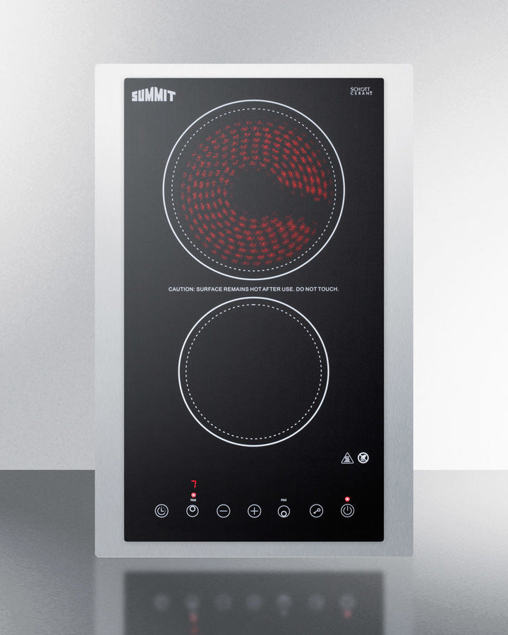 Summit CR2B23T3BTK15 15″ Wide 2-Burner Radiant Electric Cooktop – Black Glass Surface, 230 V, Stainless Trim Kit Included