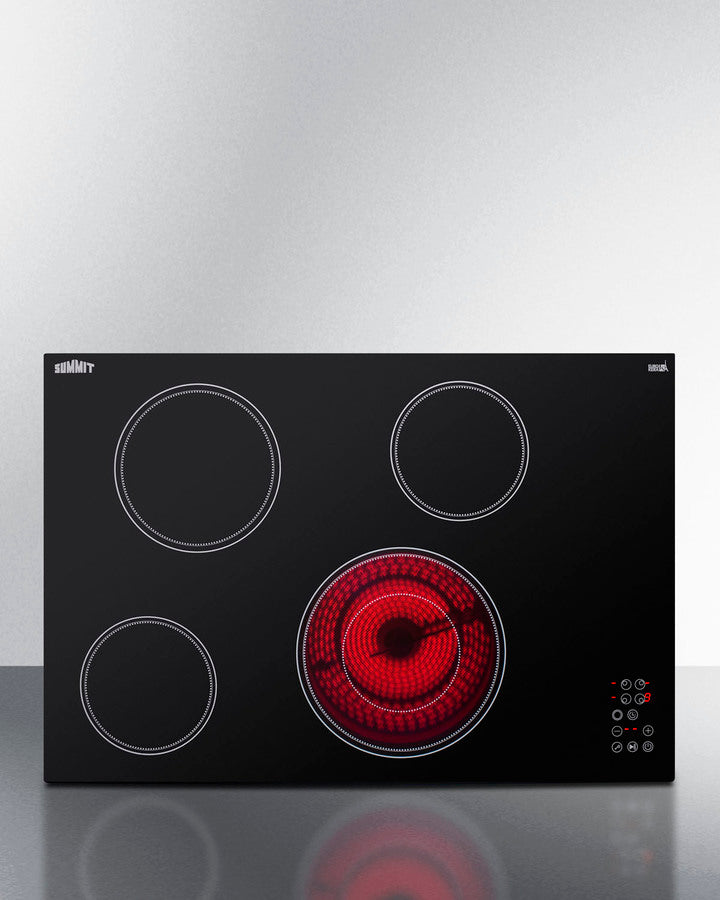 Summit CR4B30T11B 30″ Wide 4-Burner Electric Radiant Cooktop – Black Glass Surface, 240 V, Digital Touch Controls