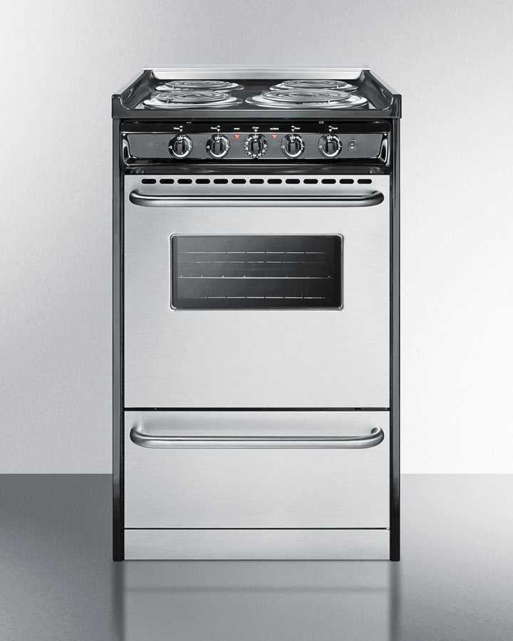 Summit TEM110BRWY 20″ Wide Slide-In Electric Coil Range – Stainless Steel Door / Black Cabinet, 2.46 cu ft Oven, 24″ Depth
