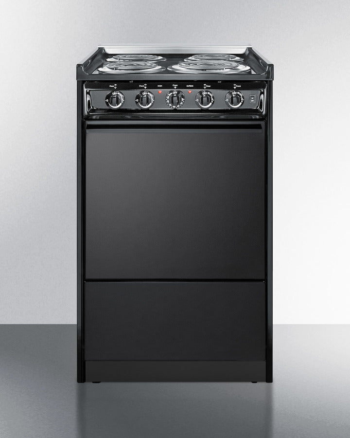Summit TEM110CR 20″ Wide Slide-In Electric Coil Range – Black Finish, 2.46 cu ft Oven, 24″ Depth Compact Fit