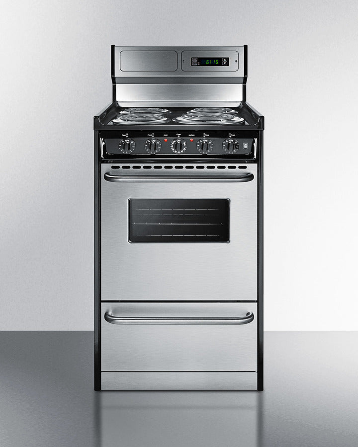 Summit TEM130BKWY 20″ Wide Electric Coil Range – Stainless-Steel Door / Black Cabinet, 2.46 cu ft Oven, 24″ Depth