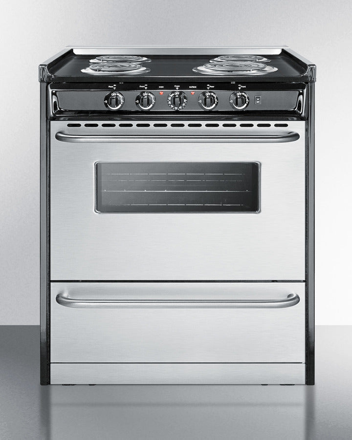 Summit TEM210BRWY 30″ Wide Slide-In Electric Coil Range – Stainless-Steel Door, Black Cabinet, 3.7 cu ft Oven, 24″ Depth