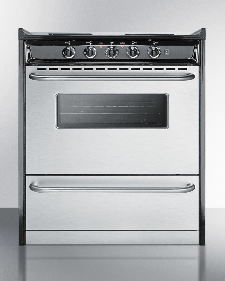 Summit TEM210BRWY 30″ Wide Slide-In Electric Coil Range – Stainless-Steel Door, Black Cabinet, 3.7 cu ft Oven, 24″ Depth