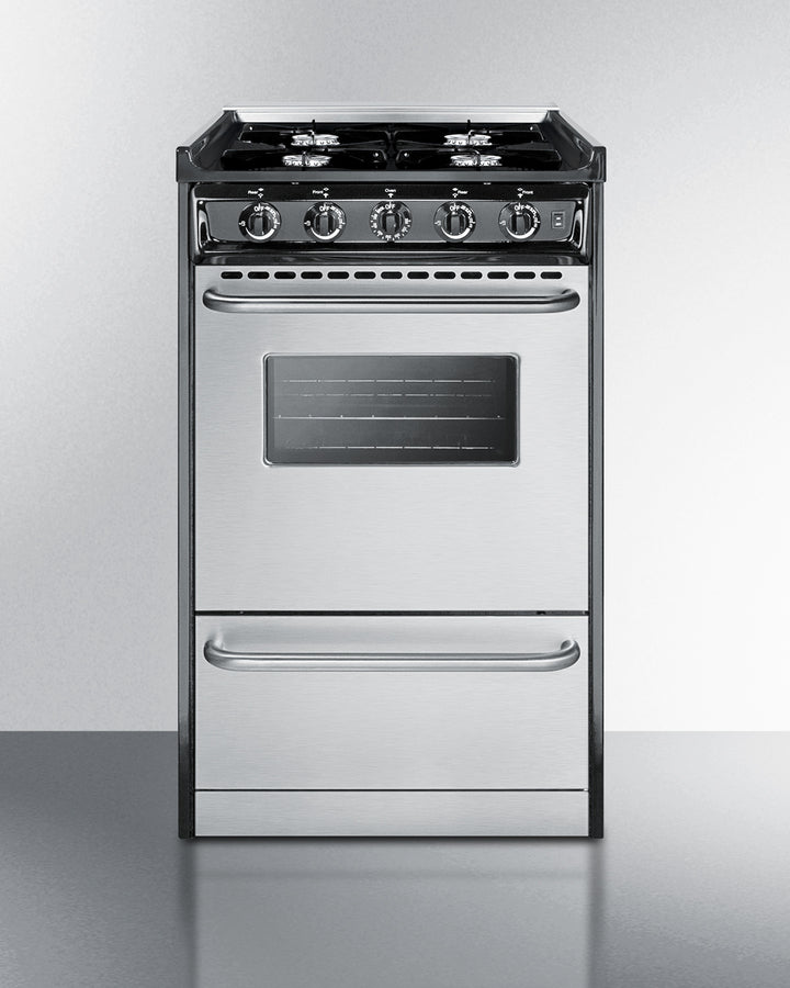 Summit TNM1107BRW 20″ Wide Apartment-Sized Gas Range – 4 Open Burners, 2.46 cu ft Oven, Stainless Steel Door & Black Cabinet