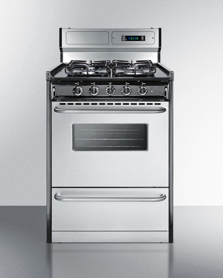 Summit TTM6307BKSW 24″ Wide Gas Range – 4 Burners, 2.92 cu ft Oven, Stainless Steel / Black Cabinet