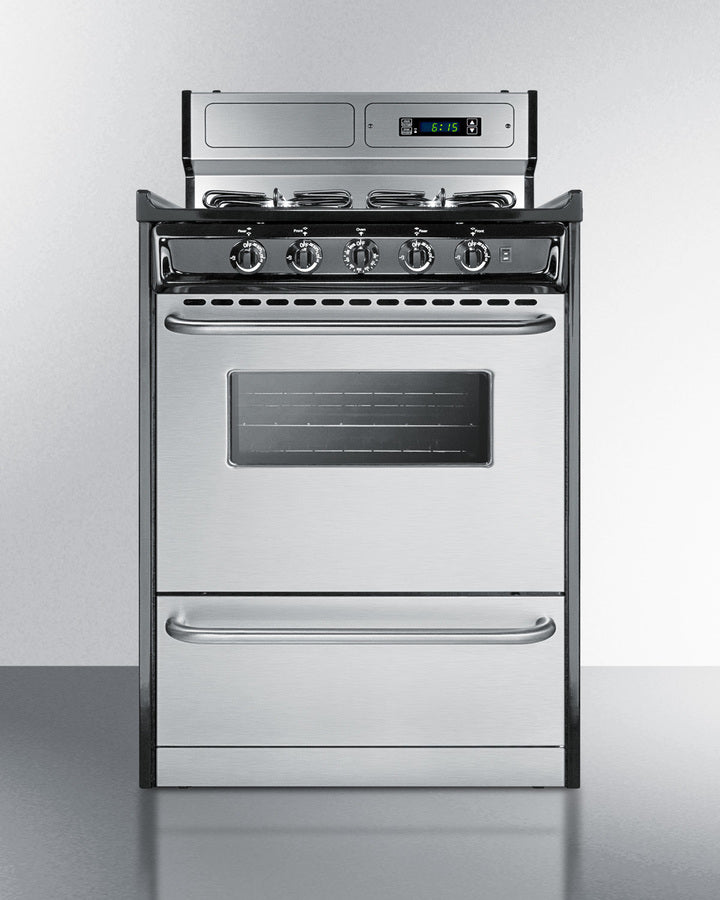 Summit TTM6307BKSW 24″ Wide Gas Range – 4 Burners, 2.92 cu ft Oven, Stainless Steel / Black Cabinet