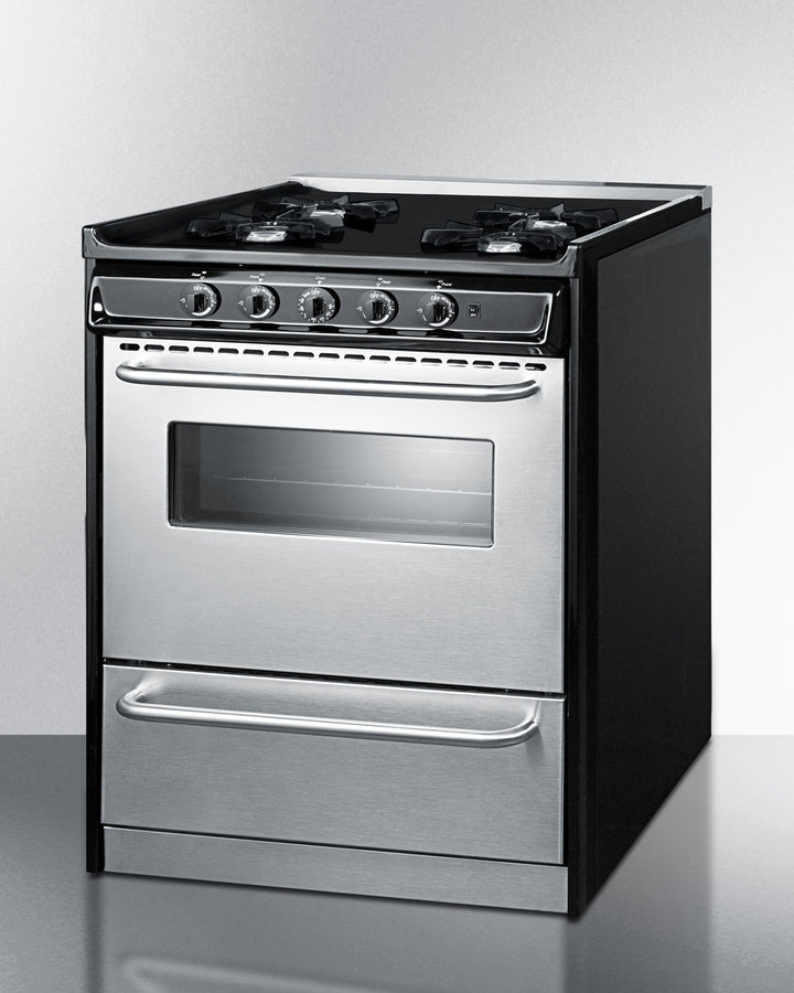 Summit TNM2107BRW 30″ Wide Slide-In Style Gas Range – 4 Open Burners, 3.69 cu. ft Oven, Stainless Steel Door / Black Cabinet