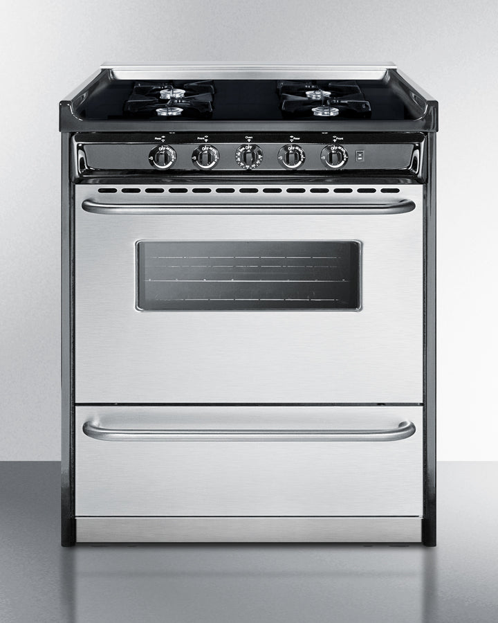 Summit TNM2107BRW 30″ Wide Slide-In Style Gas Range – 4 Open Burners, 3.69 cu. ft Oven, Stainless Steel Door / Black Cabinet