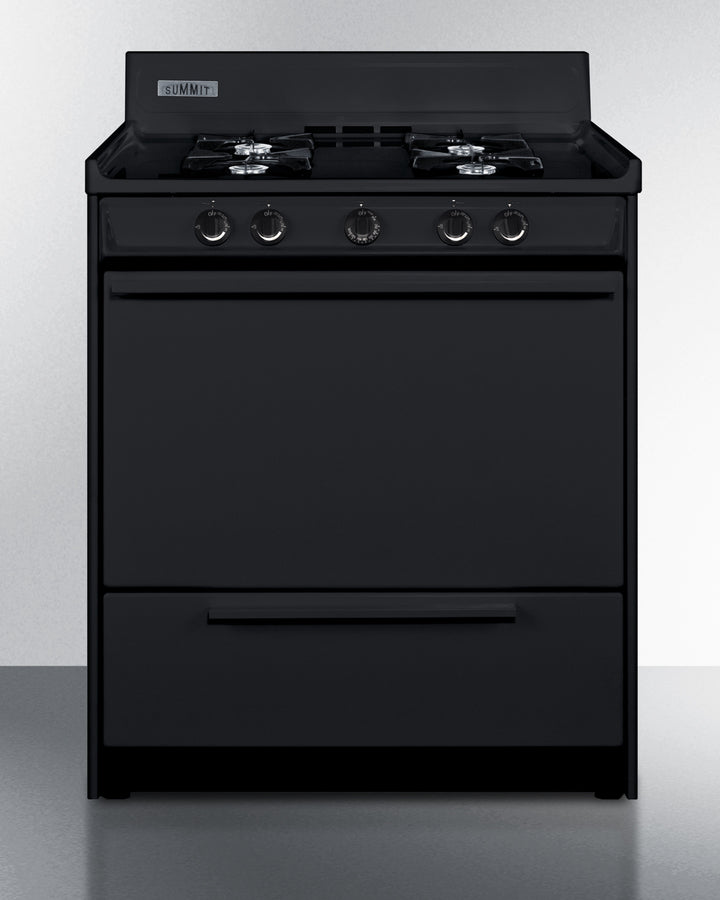 Summit TNM2107C 30″ Wide Gas Range – Black Finish, 4 Open Burners (9,000 BTU), 3.69 cu ft Oven, 24″ Depth Compact Fit