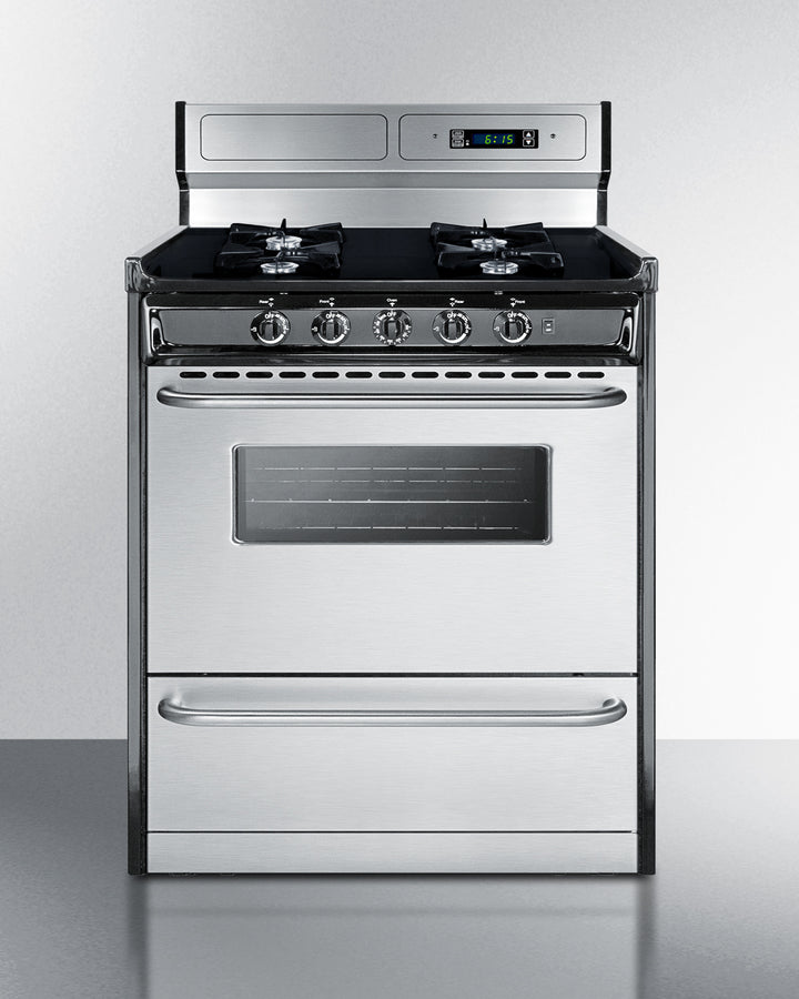 Summit TNM2307BKW 30″ Wide Gas Range – 4 Open Burners (9,000 BTU each), 3.69 cu ft Porcelain Oven, Stainless Steel Door / Black Cabinet