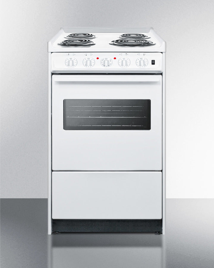 Summit WEM110RW 20″ Wide Slide-In Electric Coil Range – White Finish, 4-Burner Cooktop, 2.46 cu ft Oven, 24″ Depth