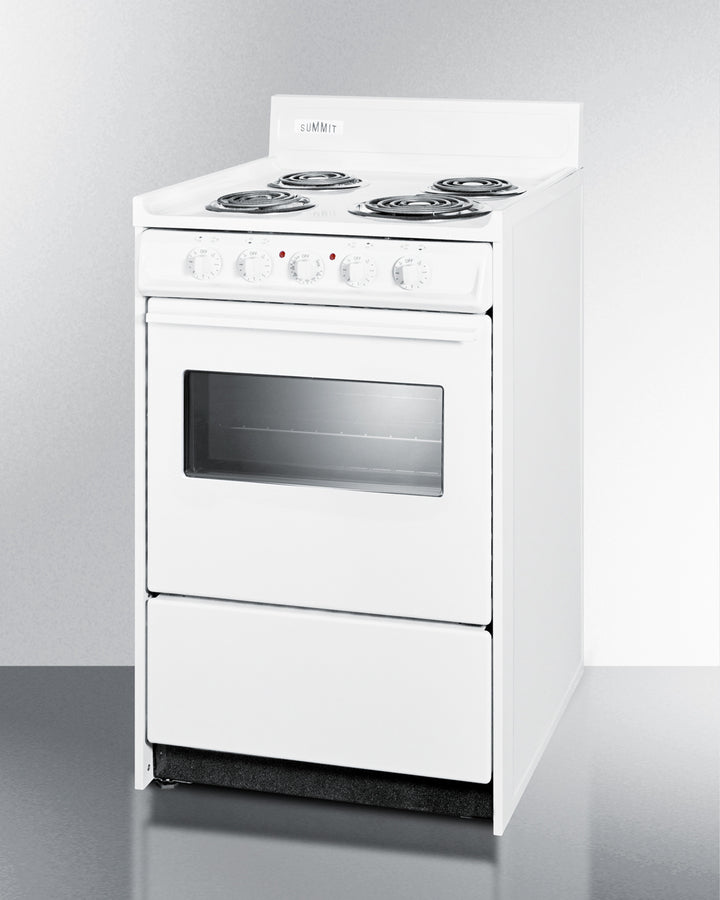 Summit WEM110W 20″ Wide Electric Coil Range – 4 Burners, 2.46 cu. ft Oven, White Finish