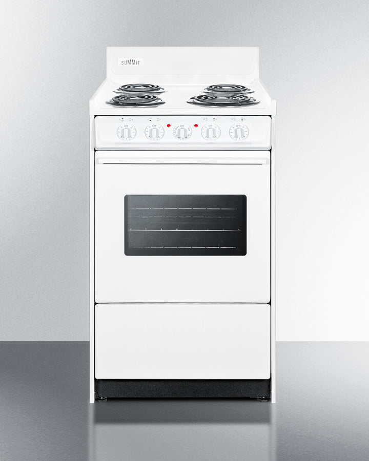 Summit WEM110W 20″ Wide Electric Coil Range – 4 Burners, 2.46 cu. ft Oven, White Finish