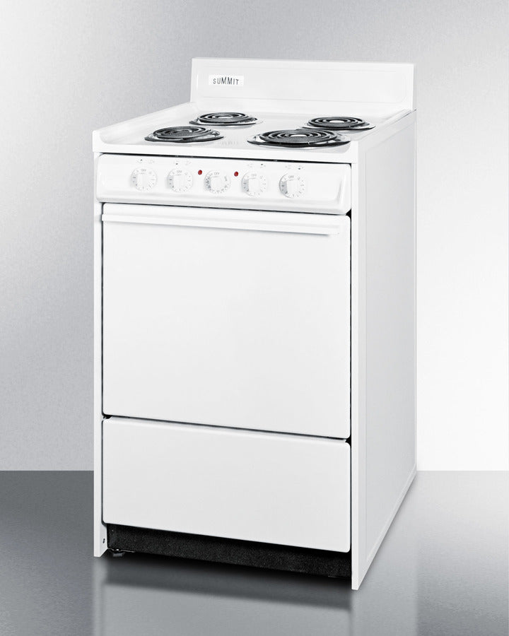 Summit WEM110 20″ Wide Electric Coil-Top Range – White Finish, 2.46 cu ft Oven, 24″ Depth Compact Profile