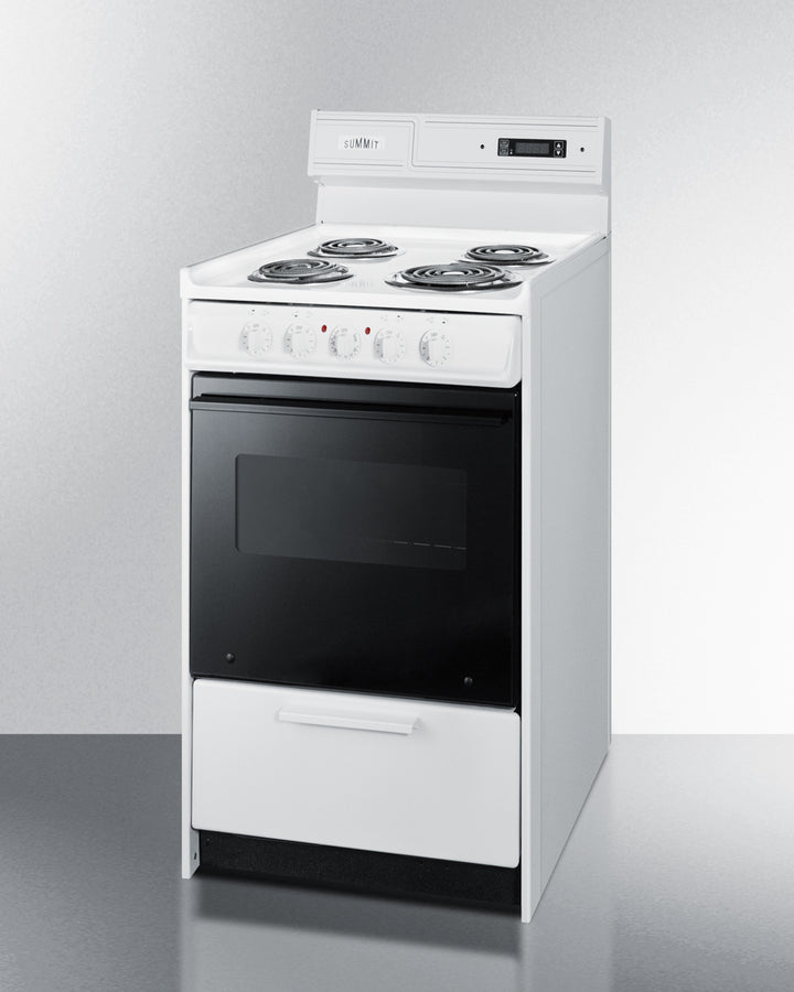 Summit WEM130DK 20″ Wide Electric Coil-Top Range – White Cabinet, Black Glass Oven Door, 2.46 cu ft Oven, 24″ Depth