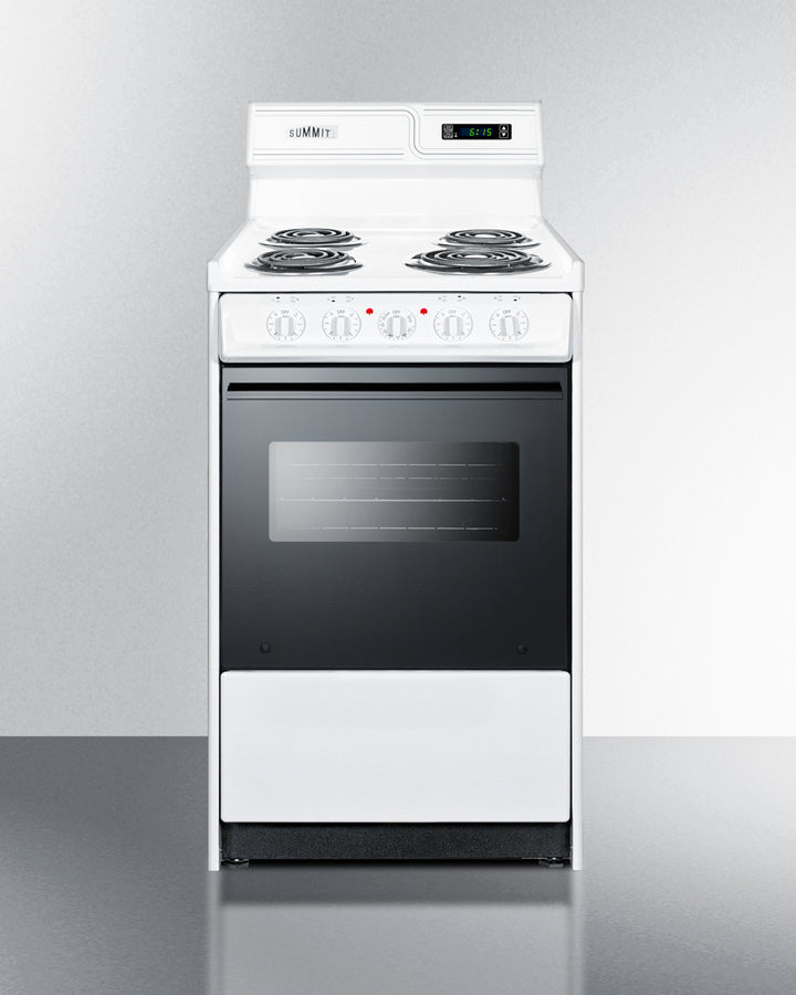Summit WEM130DK 20″ Wide Electric Coil-Top Range – White Cabinet, Black Glass Oven Door, 2.46 cu ft Oven, 24″ Depth