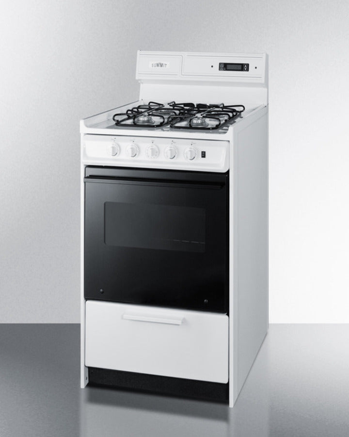 Summit WNM1307DK 20″ Wide Gas Range – 4 Open Burners, 2.46 cu ft Oven, White Cabinet with Black-Glass Door
