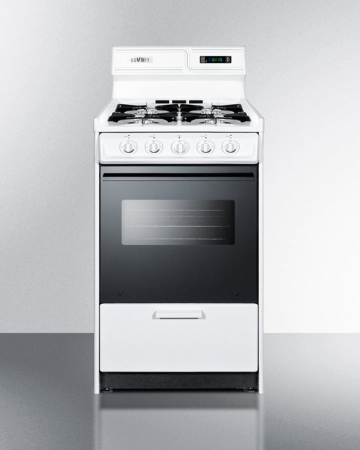 Summit WNM1307DK 20″ Wide Gas Range – 4 Open Burners, 2.46 cu ft Oven, White Cabinet with Black-Glass Door