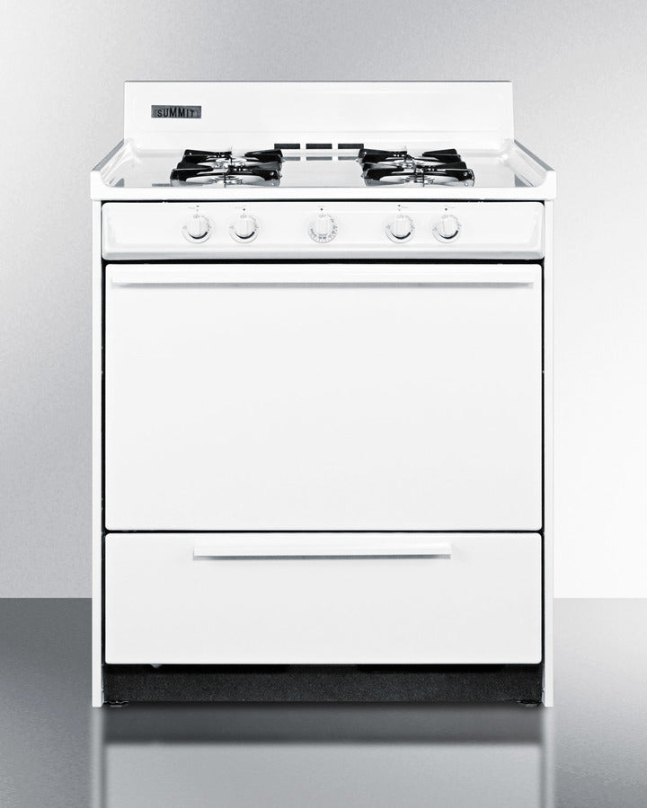 Summit WNM2107 30″ Wide Gas Range – White Finish, 4 Open Burners (9,000 BTU), 3.7 cu ft Oven, Shallow 24″ Depth