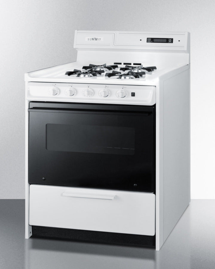 Summit WNM2307DK 30″ Wide Gas Range – White Cabinet / Black Glass Oven Door, 4 × 9,000 BTU Burners, 3.7 cu ft Oven, 24″ Depth